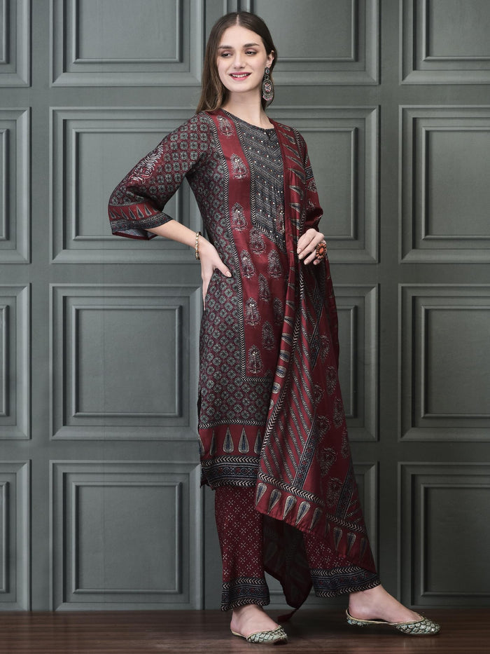 Women Muslin Maroon Ajrakh Print Kurta Comfort Pant Chanderi Dupatta.