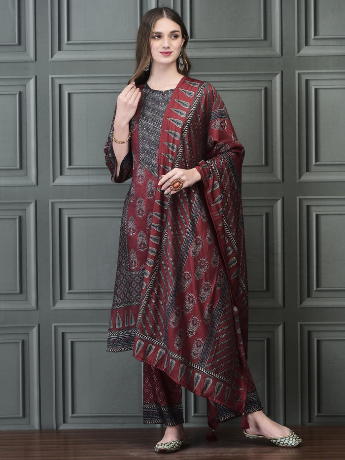 Women Muslin Maroon Ajrakh Print Kurta Comfort Pant Chanderi Dupatta.