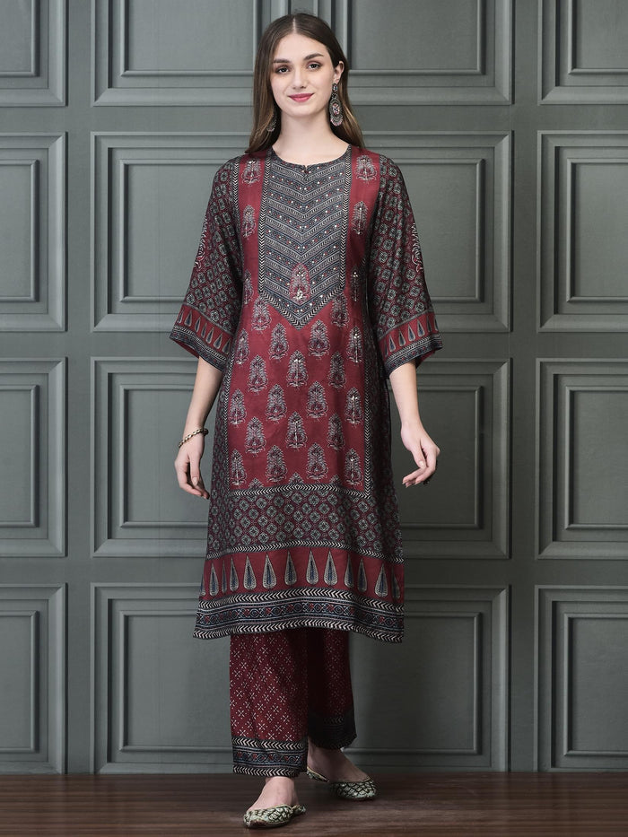 Women Muslin Maroon Ajrakh Print Kurta Comfort Pant Chanderi Dupatta.