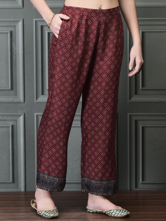 Women Muslin Maroon Ajrakh Print Kurta Comfort Pant Chanderi Dupatta.