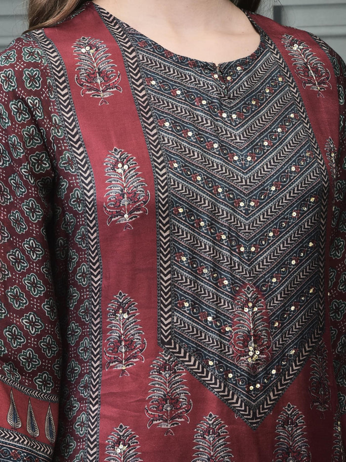 Women Muslin Maroon Ajrakh Print Kurta Comfort Pant Chanderi Dupatta.
