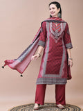 Women Muslin Maroon Bandhani Print Kurta Comfort Pant Dupatta.