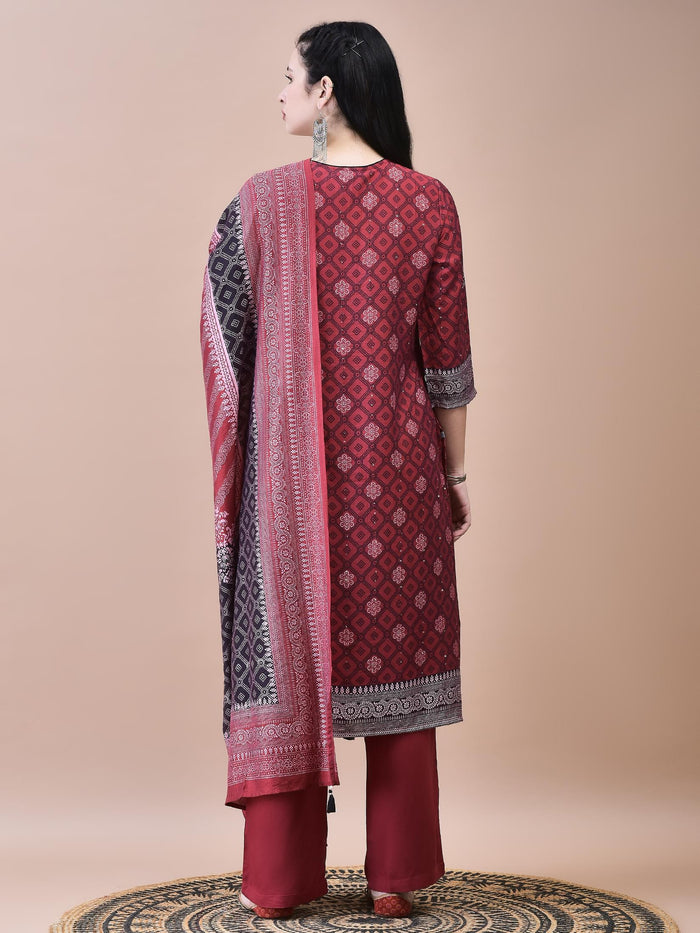 Women Muslin Maroon Bandhani Print Kurta Comfort Pant Dupatta.