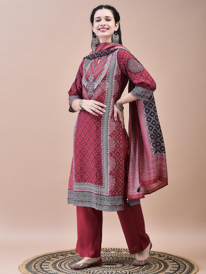 Women Muslin Maroon Bandhani Print Kurta Comfort Pant Dupatta.
