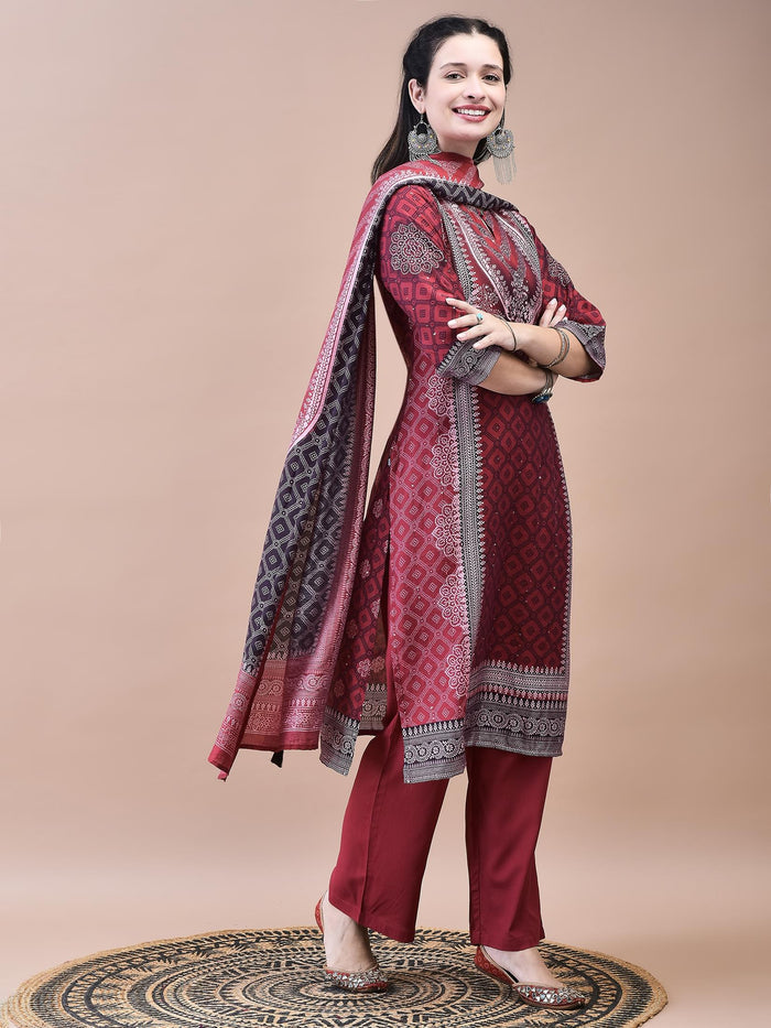 Women Muslin Maroon Bandhani Print Kurta Comfort Pant Dupatta.