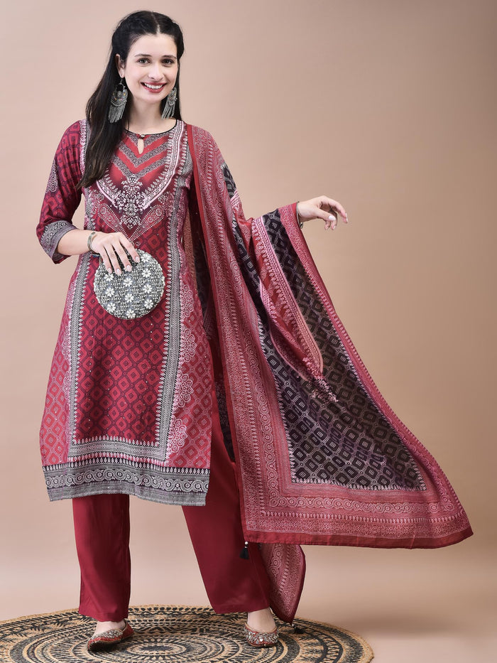 Women Muslin Maroon Bandhani Print Kurta Comfort Pant Dupatta.
