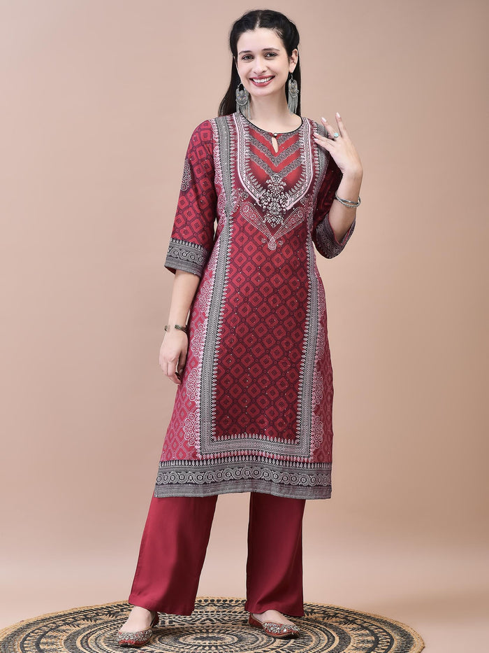 Women Muslin Maroon Bandhani Print Kurta Comfort Pant Dupatta.