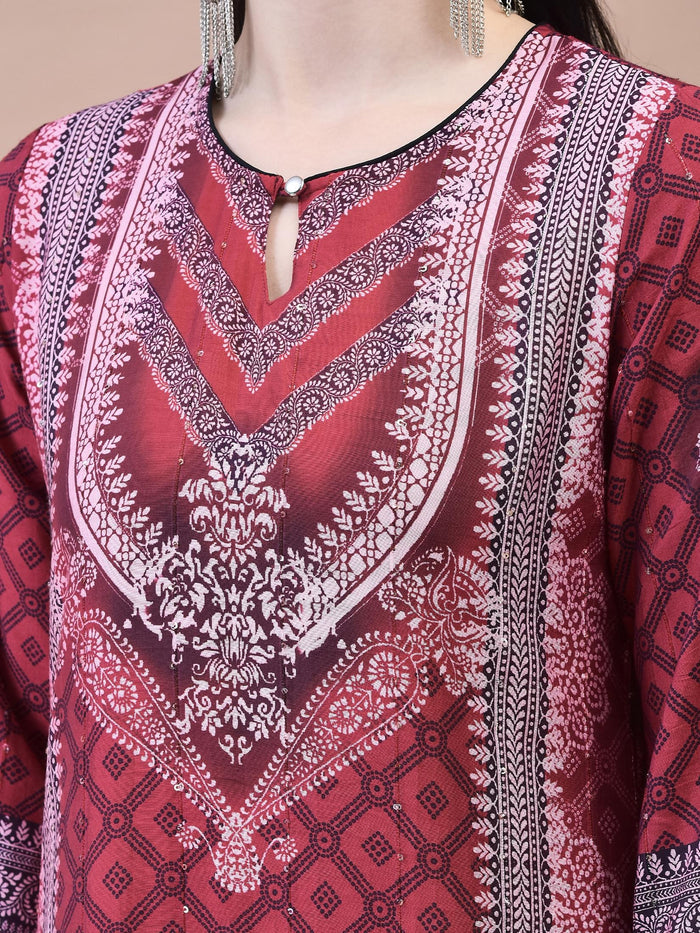 Women Muslin Maroon Bandhani Print Kurta Comfort Pant Dupatta.