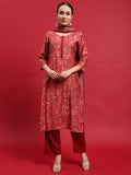 Women Muslin Maroon Floral Print Kurta Comfort Pant Dupatta.