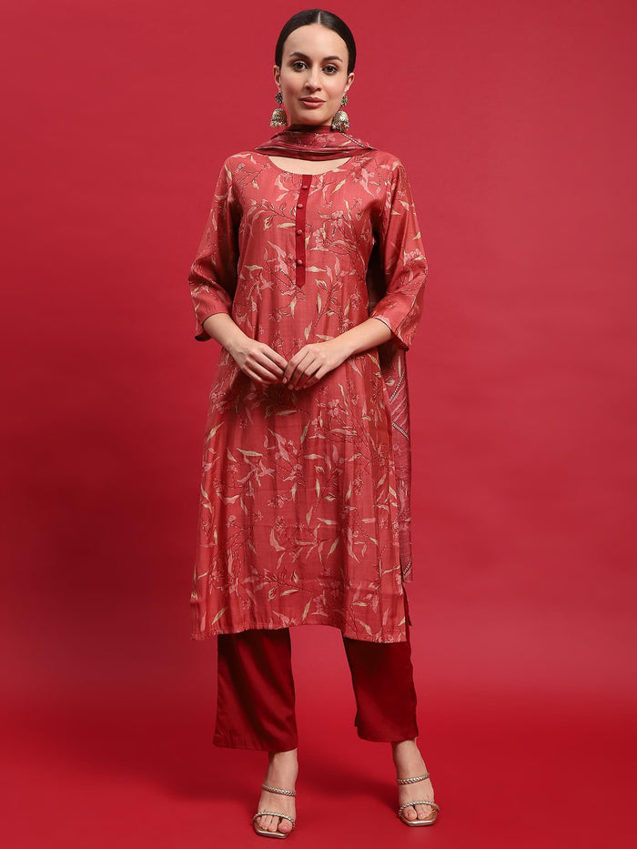 Women Muslin Maroon Floral Print Kurta Comfort Pant Dupatta.