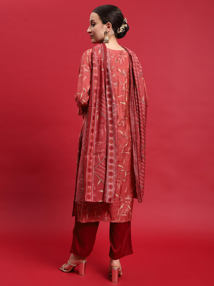 Women Muslin Maroon Floral Print Kurta Comfort Pant Dupatta.