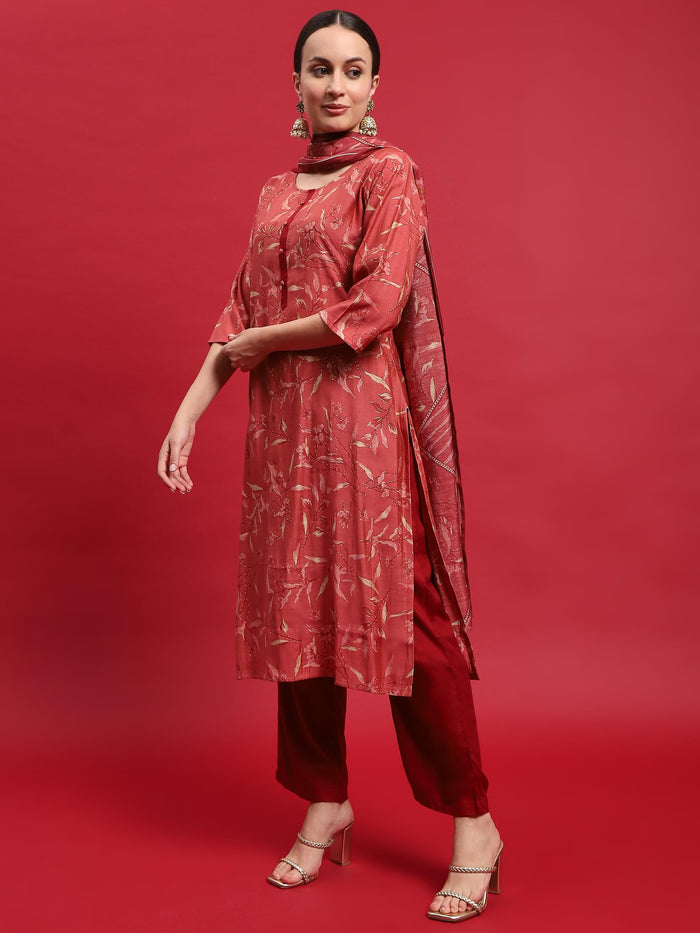 Women Muslin Maroon Floral Print Kurta Comfort Pant Dupatta.
