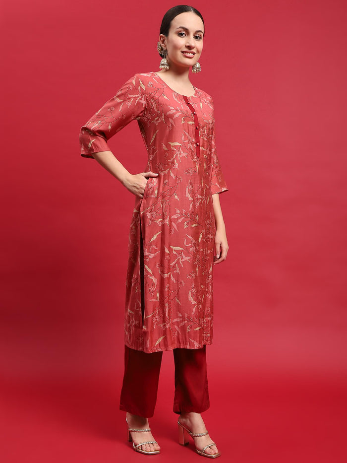 Women Muslin Maroon Floral Print Kurta Comfort Pant Dupatta.