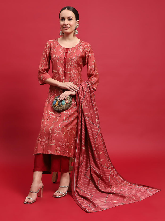 Women Muslin Maroon Floral Print Kurta Comfort Pant Dupatta.