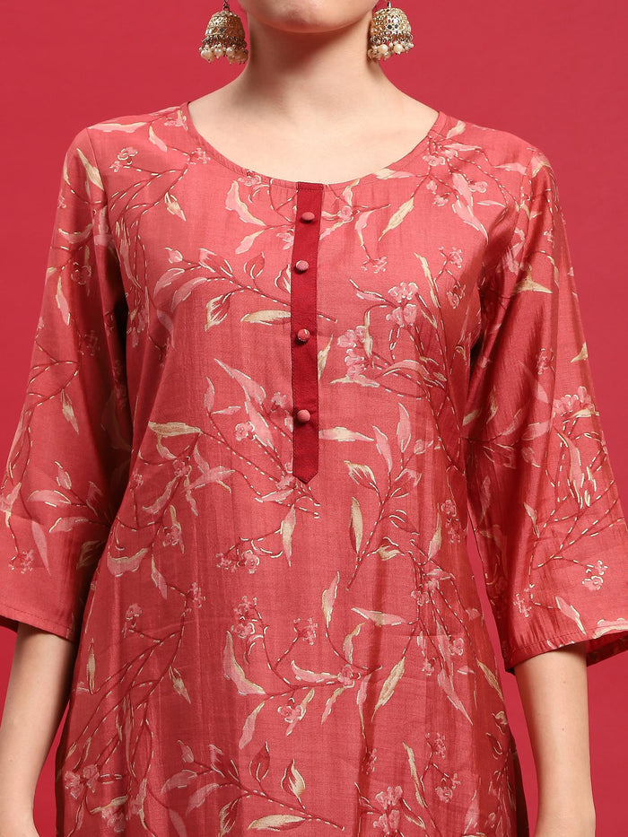 Women Muslin Maroon Floral Print Kurta Comfort Pant Dupatta.