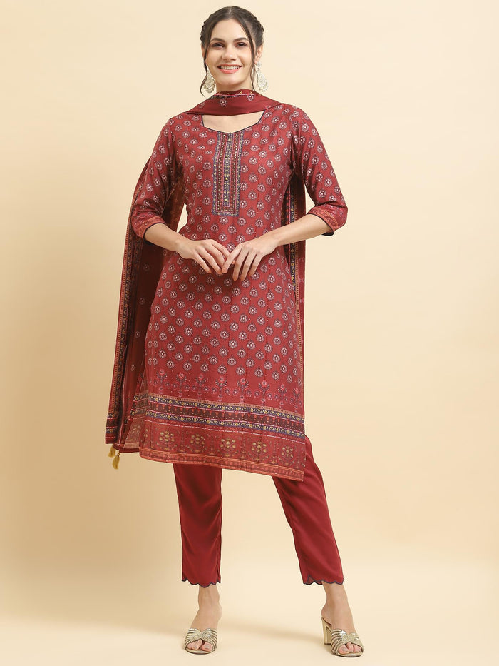 Women Muslin Maroon Floral Print Kurta Trouser Dupatta.