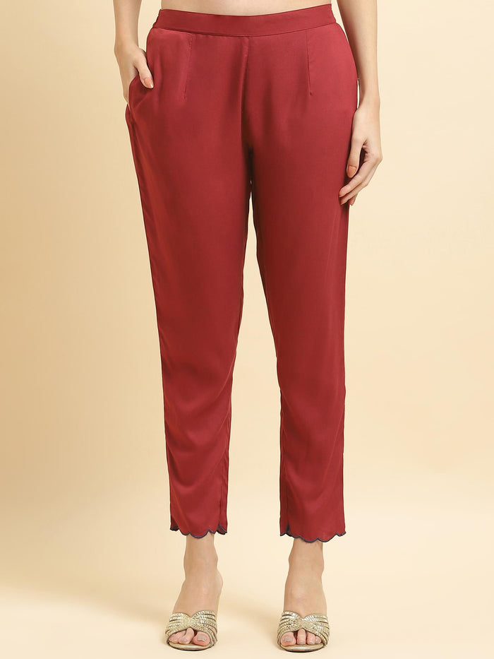 Women Muslin Maroon Floral Print Kurta Trouser Dupatta.