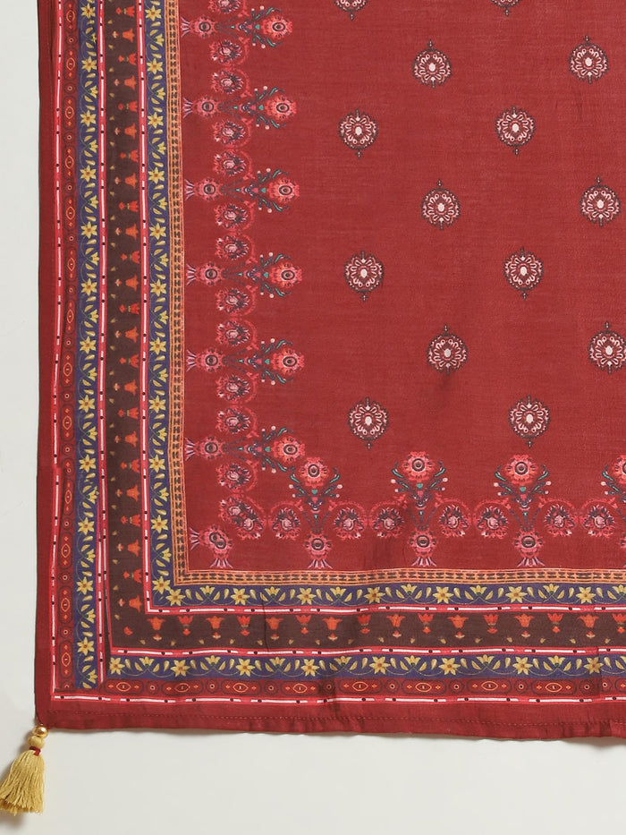 Women Muslin Maroon Floral Print Kurta Trouser Dupatta.