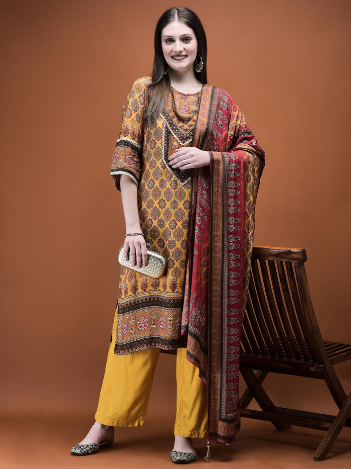 Women Muslin Mustard Ajrakh Print Kurta Comfort Pant Dupatta.