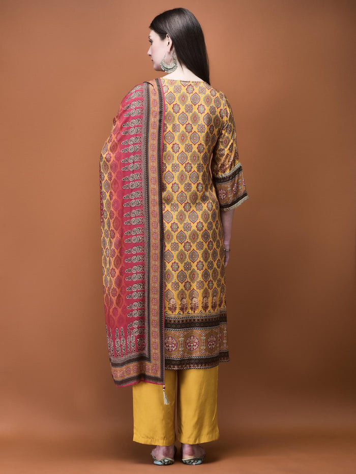 Women Muslin Mustard Ajrakh Print Kurta Comfort Pant Dupatta.