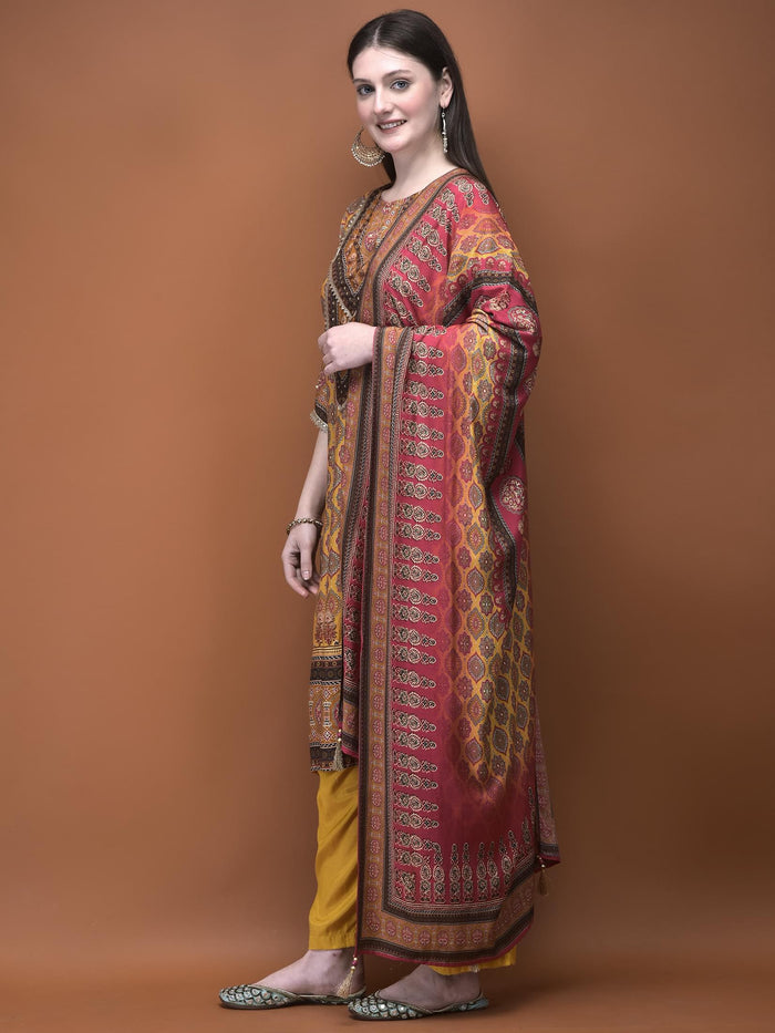 Women Muslin Mustard Ajrakh Print Kurta Comfort Pant Dupatta.