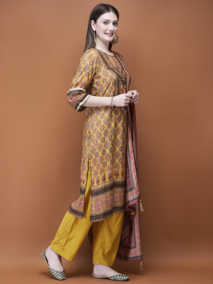 Women Muslin Mustard Ajrakh Print Kurta Comfort Pant Dupatta.