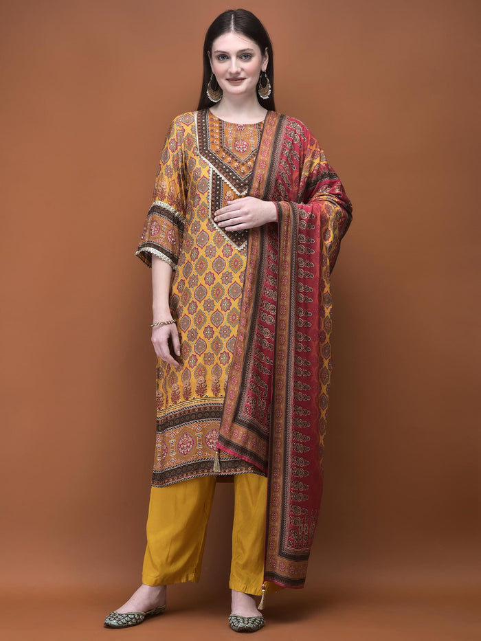 Women Muslin Mustard Ajrakh Print Kurta Comfort Pant Dupatta.