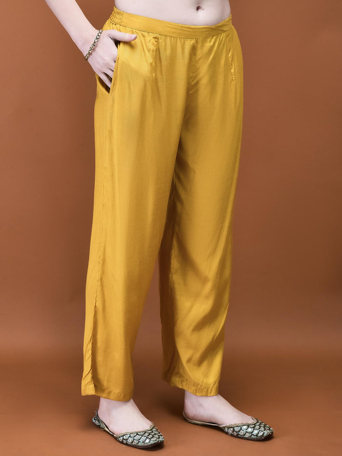 Women Muslin Mustard Ajrakh Print Kurta Comfort Pant Dupatta.