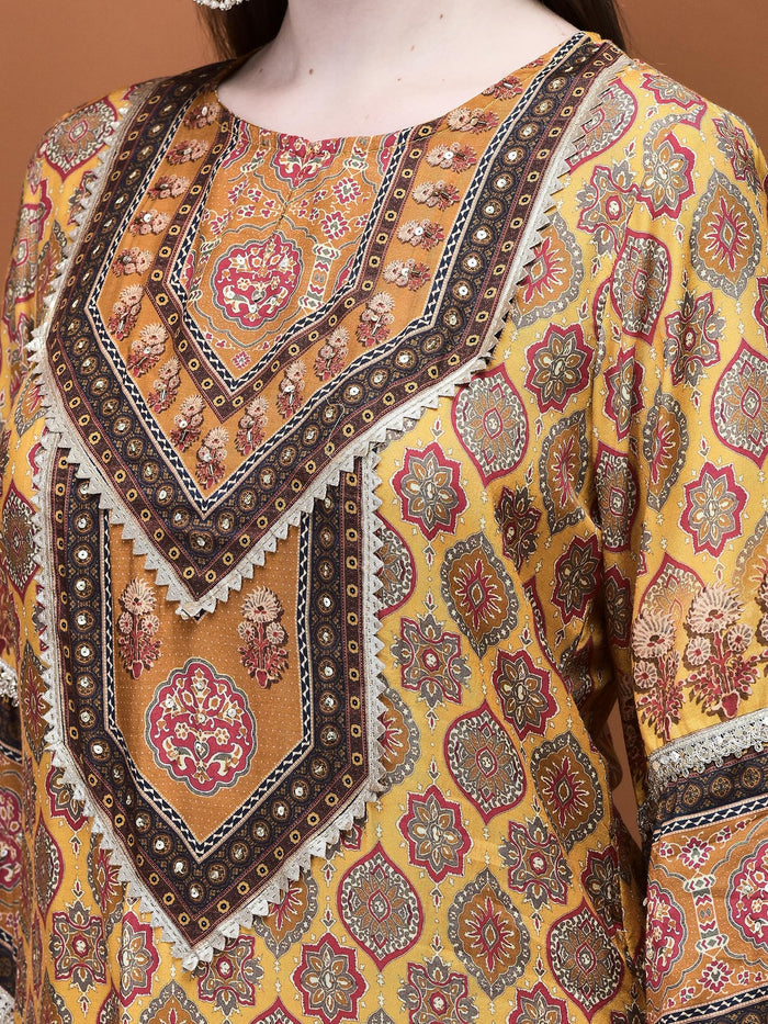 Women Muslin Mustard Ajrakh Print Kurta Comfort Pant Dupatta.
