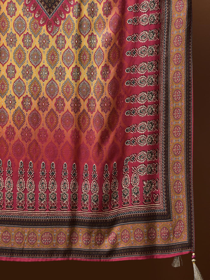 Women Muslin Mustard Ajrakh Print Kurta Comfort Pant Dupatta.