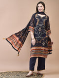 Women Muslin Navy Blue Ornamental Print Kurta Comfort Pant Dupatta.