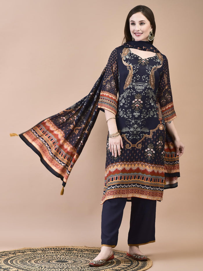 Women Muslin Navy Blue Ornamental Print Kurta Comfort Pant Dupatta.