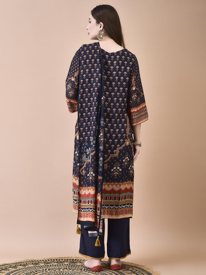 Women Muslin Navy Blue Ornamental Print Kurta Comfort Pant Dupatta.