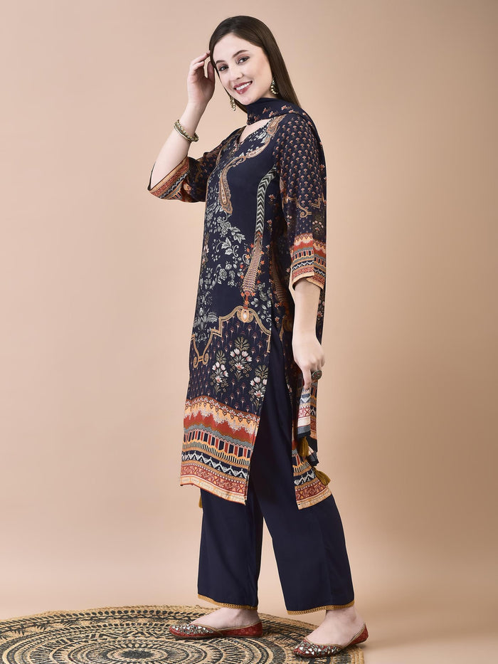 Women Muslin Navy Blue Ornamental Print Kurta Comfort Pant Dupatta.