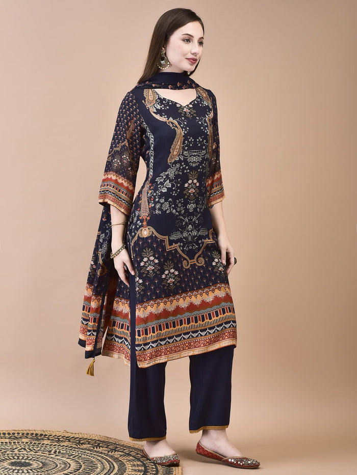 Women Muslin Navy Blue Ornamental Print Kurta Comfort Pant Dupatta.