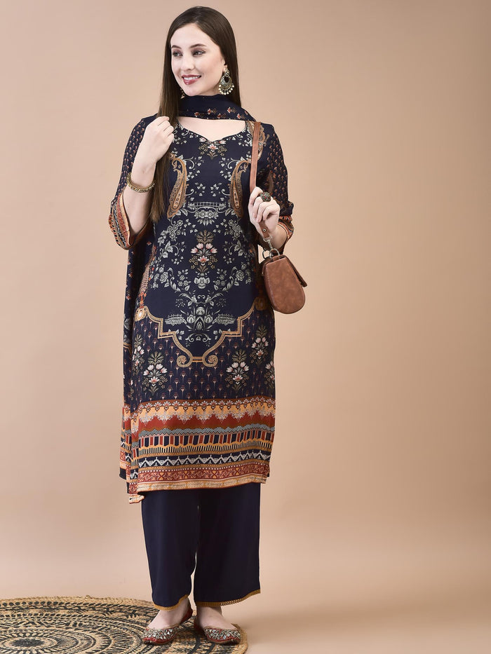 Women Muslin Navy Blue Ornamental Print Kurta Comfort Pant Dupatta.