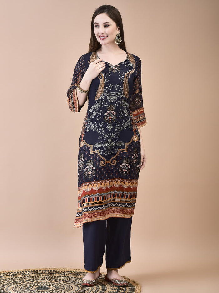 Women Muslin Navy Blue Ornamental Print Kurta Comfort Pant Dupatta.