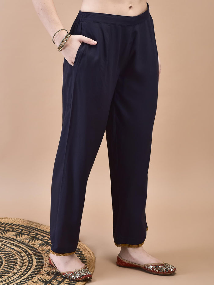 Women Muslin Navy Blue Ornamental Print Kurta Comfort Pant Dupatta.