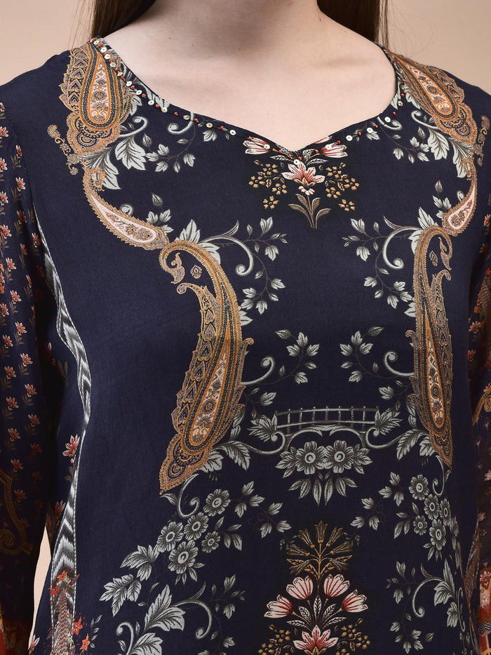 Women Muslin Navy Blue Ornamental Print Kurta Comfort Pant Dupatta.