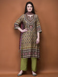 Women Muslin Olive Ajrakh Print Kurta Comfort Pant Dupatta.