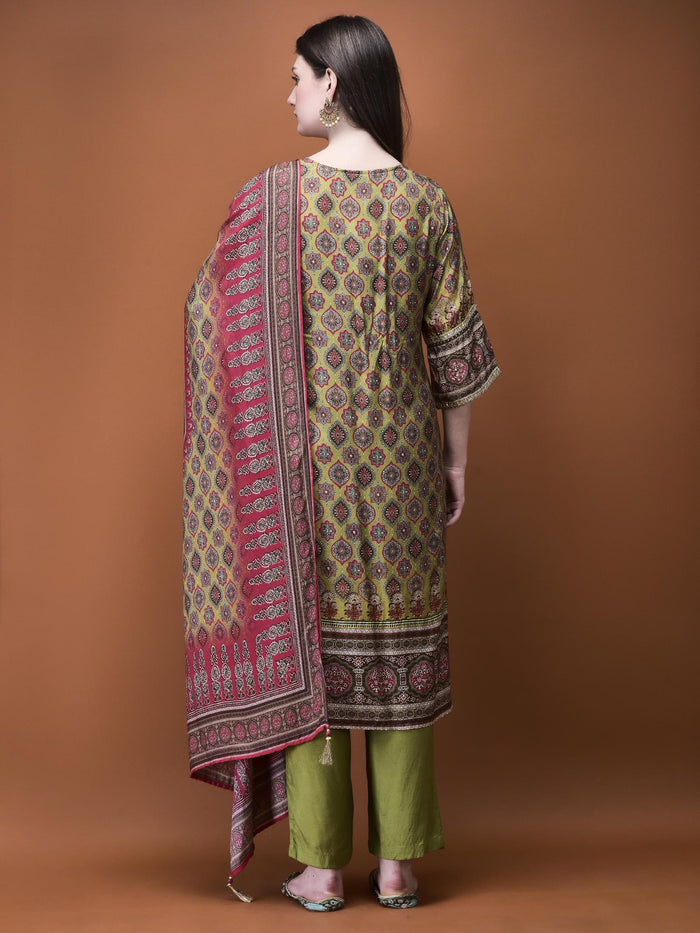 Women Muslin Olive Ajrakh Print Kurta Comfort Pant Dupatta.