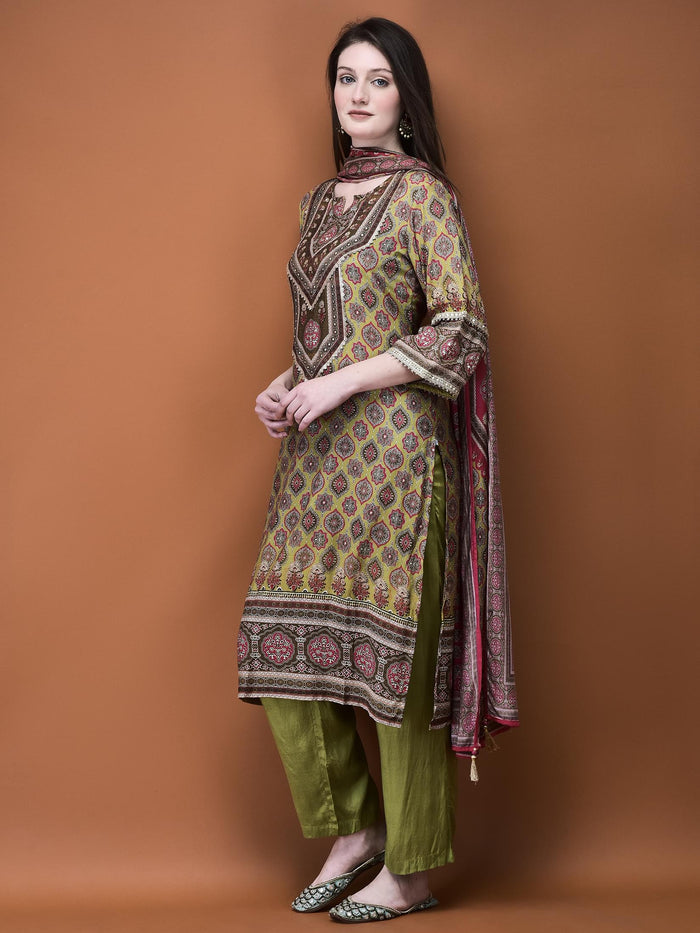 Women Muslin Olive Ajrakh Print Kurta Comfort Pant Dupatta.