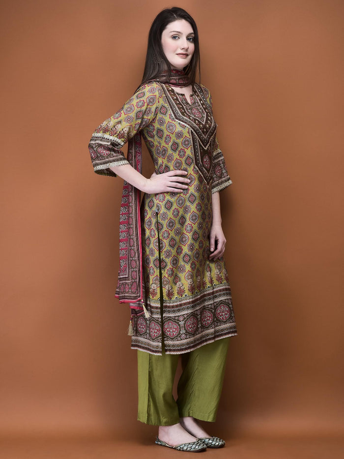 Women Muslin Olive Ajrakh Print Kurta Comfort Pant Dupatta.