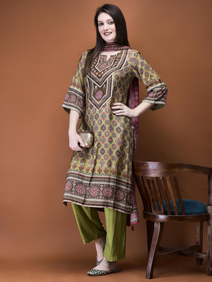 Women Muslin Olive Ajrakh Print Kurta Comfort Pant Dupatta.