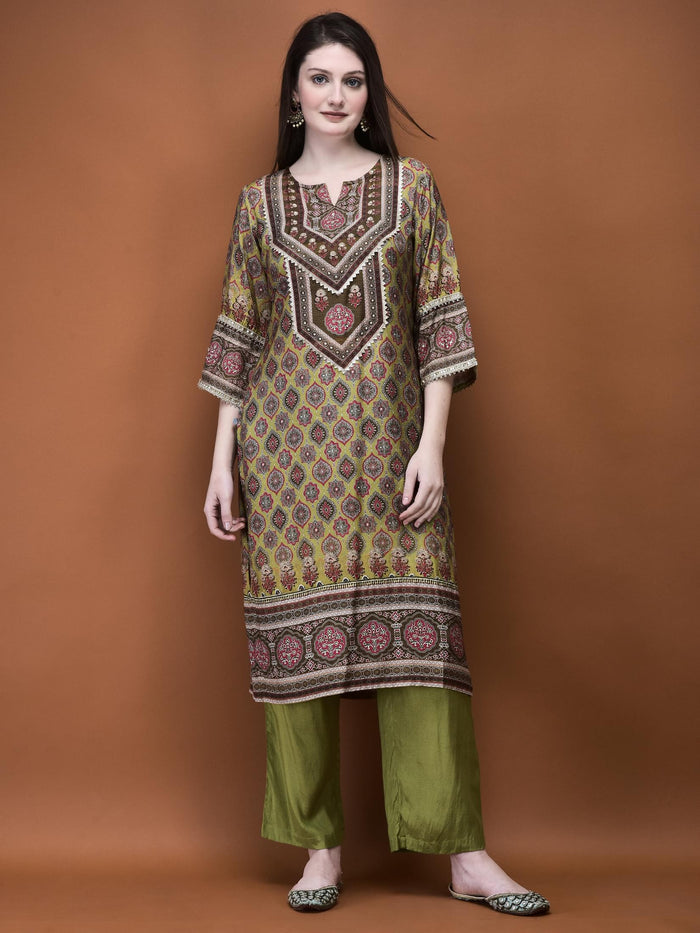 Women Muslin Olive Ajrakh Print Kurta Comfort Pant Dupatta.