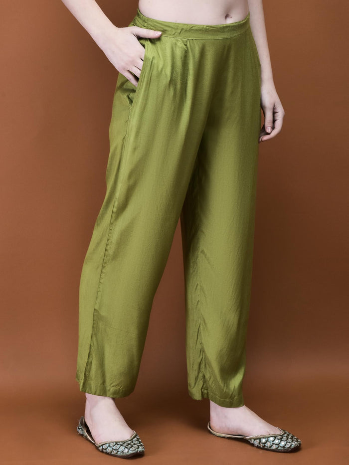 Women Muslin Olive Ajrakh Print Kurta Comfort Pant Dupatta.
