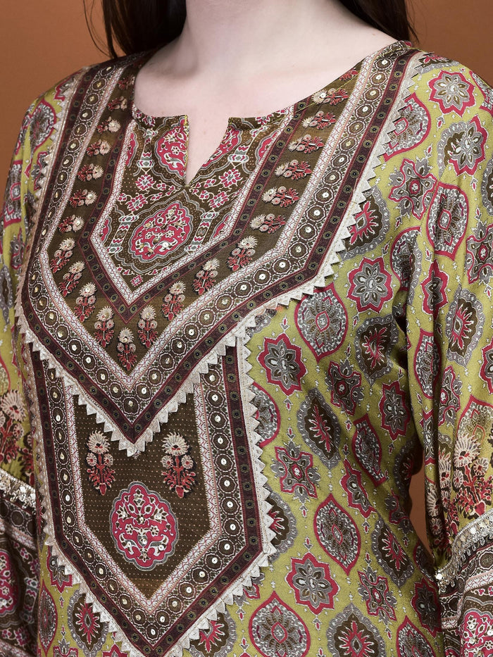 Women Muslin Olive Ajrakh Print Kurta Comfort Pant Dupatta.