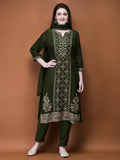 Women Muslin Olive Embroidered Kurta Comfort Pant Dupatta.