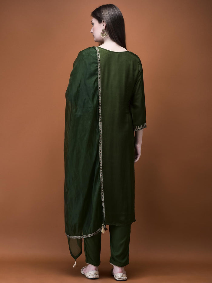 Women Muslin Olive Embroidered Kurta Comfort Pant Dupatta.