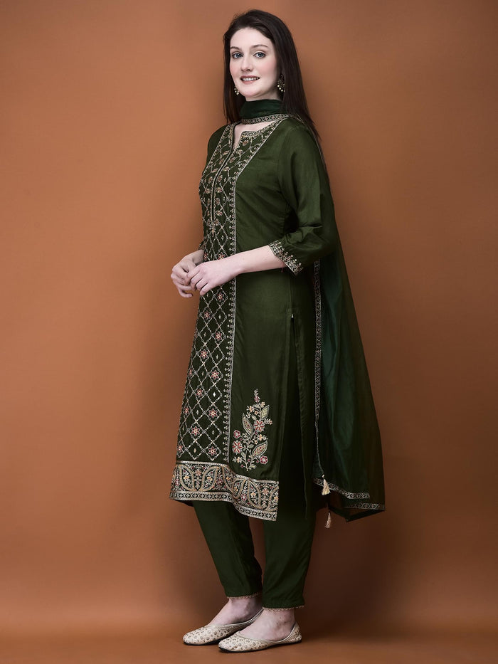 Women Muslin Olive Embroidered Kurta Comfort Pant Dupatta.